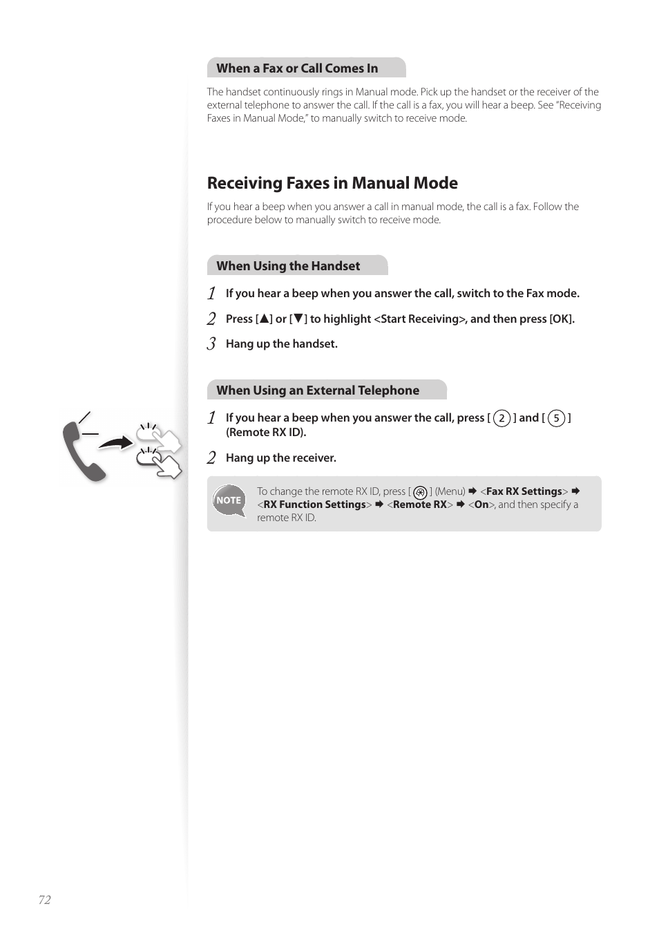 Receiving faxes in manual mode, Receiving faxes in manual mode …………………………………… 72 | Canon FAXPHONE L190 User Manual | Page 72 / 100