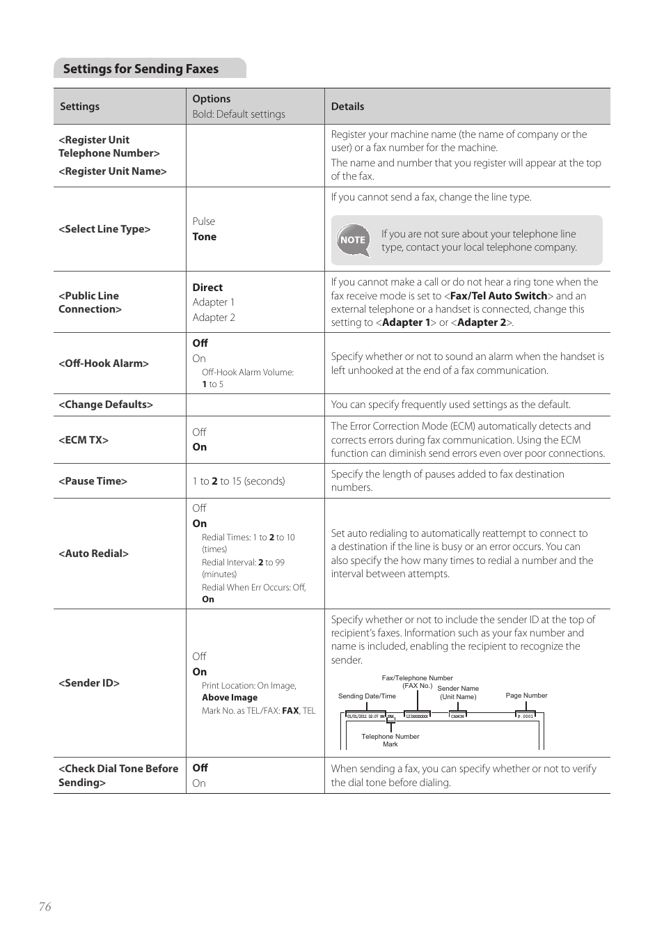 E “<pause time, 76 settings for sending faxes | Canon FAXPHONE L190 User Manual | Page 76 / 100