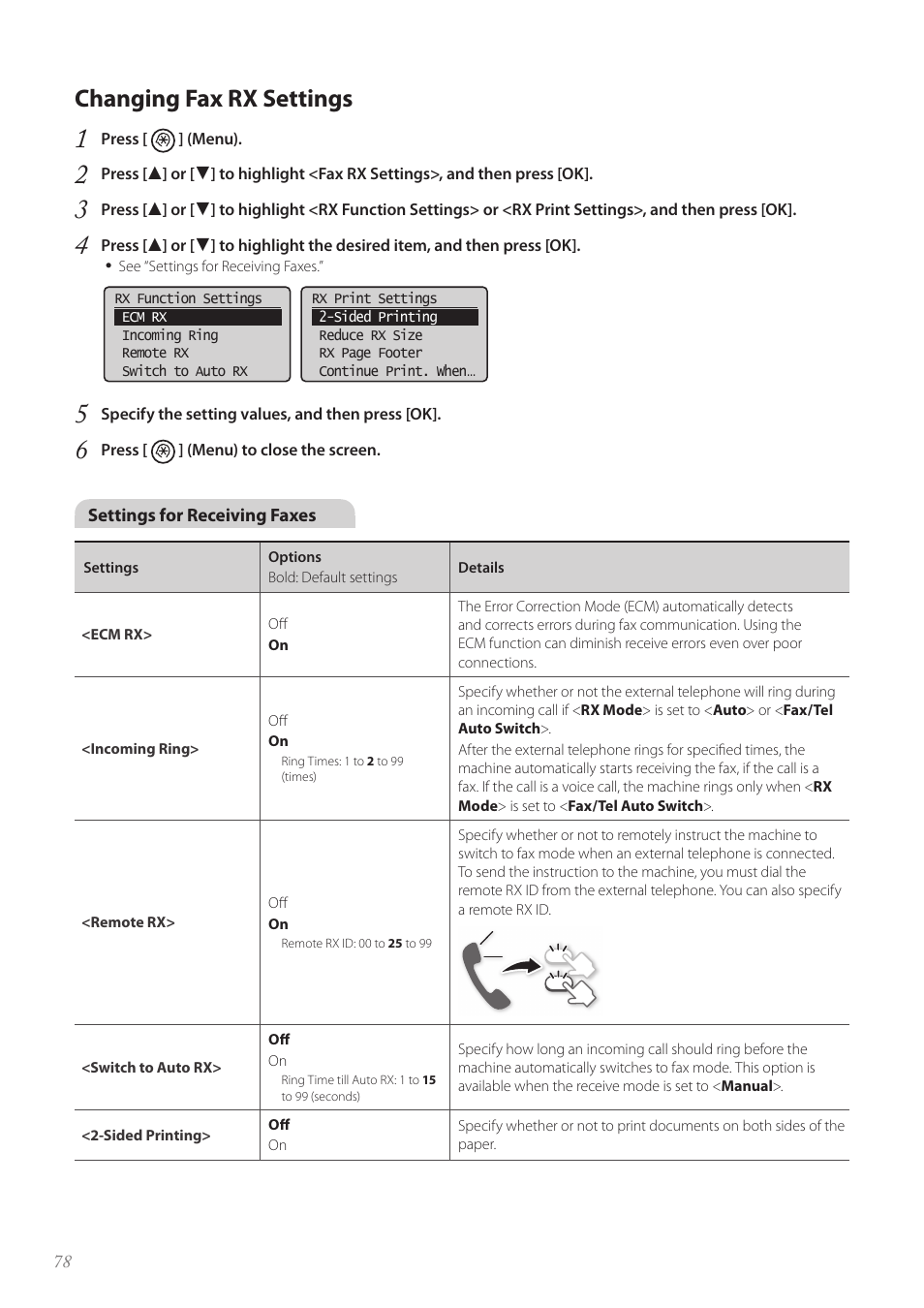 Changing fax rx settings, Changing fax rx settings …………………………………………… 78 | Canon FAXPHONE L190 User Manual | Page 78 / 100