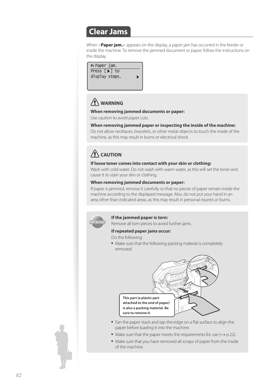 Clear jams, Clear jams …………………………………………………………… 82 | Canon FAXPHONE L190 User Manual | Page 82 / 100