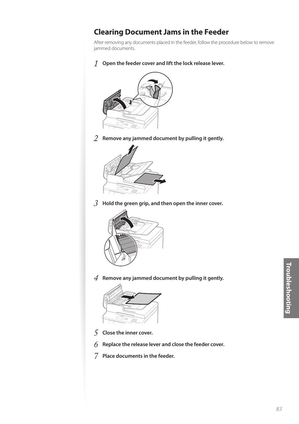 Clearing document jams in the feeder | Canon FAXPHONE L190 User Manual | Page 83 / 100