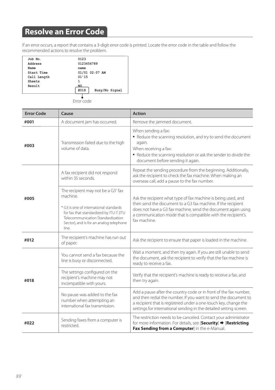Resolve an error code, Resolve an error code ………………………………………………… 88 | Canon FAXPHONE L190 User Manual | Page 88 / 100