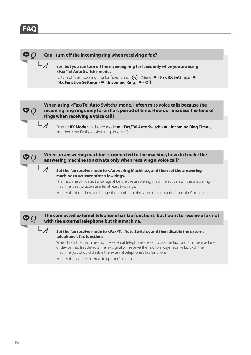 P.92, Faq …………………………………………………………………… 92 | Canon FAXPHONE L190 User Manual | Page 92 / 100