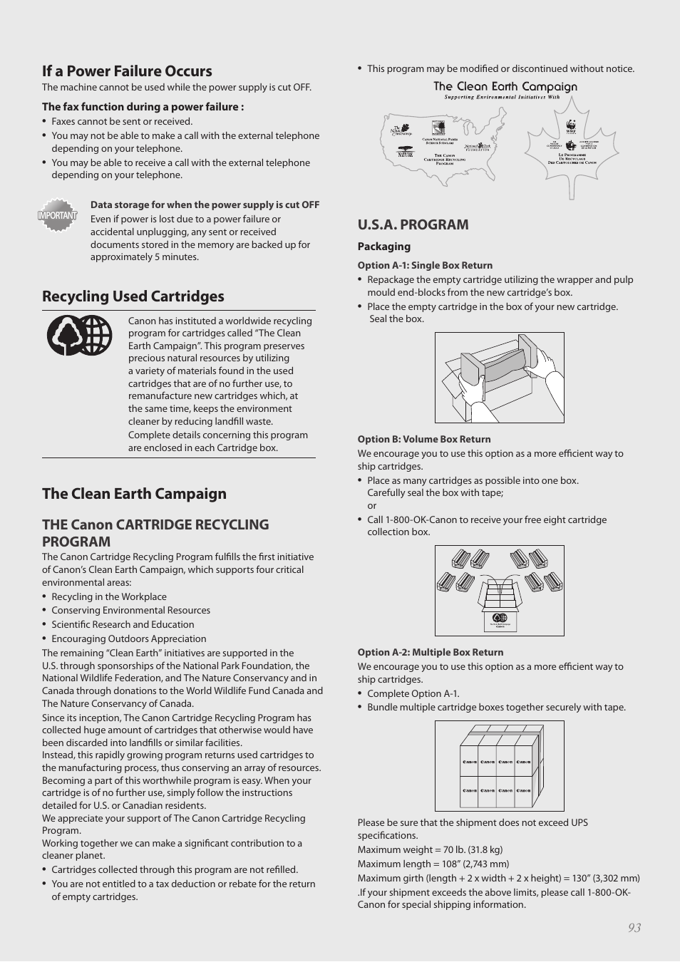 If a power failure occurs, Recycling used cartridges, The clean earth campaign | The canon cartridge recycling program, U.s.a. program | Canon FAXPHONE L190 User Manual | Page 93 / 100