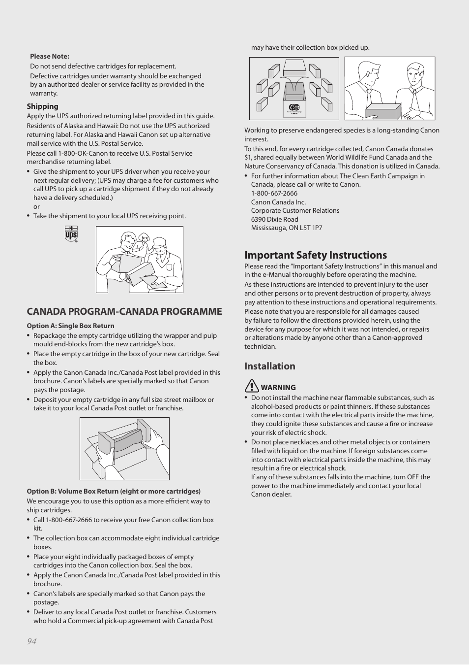 Important safety instructions, Important safety instructions ……………………………………… 94, Canada program-canada programme | Installation | Canon FAXPHONE L190 User Manual | Page 94 / 100