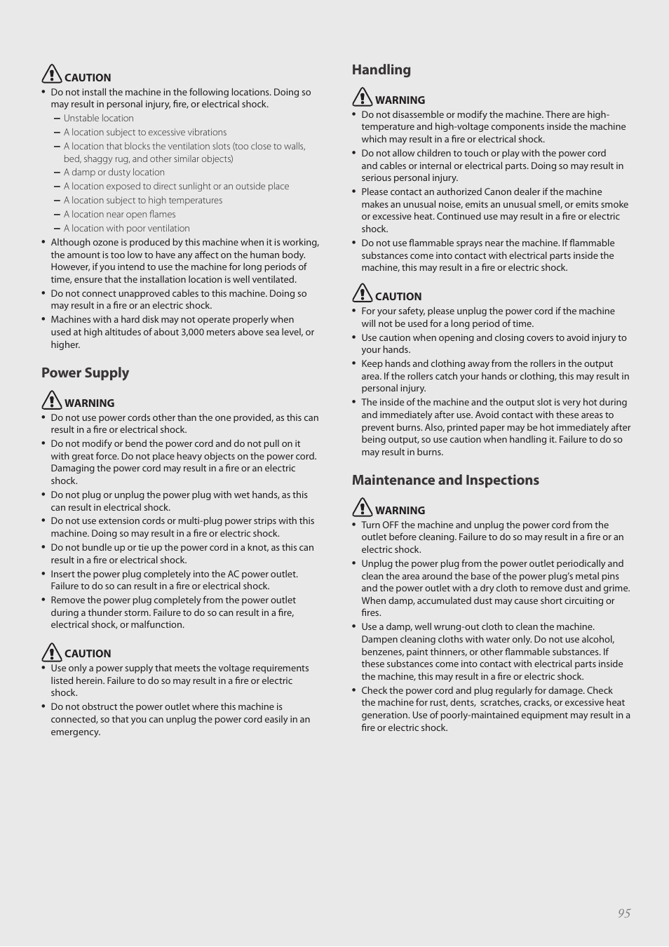 Power supply, Handling, Maintenance and inspections | Canon FAXPHONE L190 User Manual | Page 95 / 100