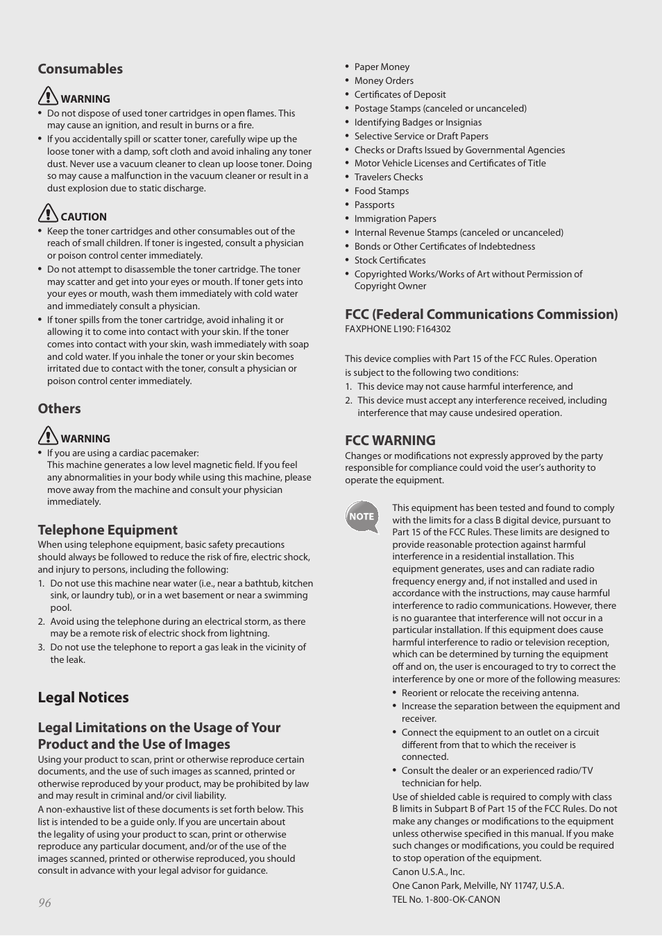 Legal notices, Legal notices ………………………………………………………… 96, Consumables | Others, Telephone equipment, Fcc (federal communications commission), Fcc warning | Canon FAXPHONE L190 User Manual | Page 96 / 100