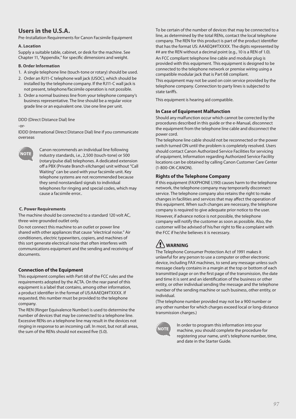 Users in the u.s.a | Canon FAXPHONE L190 User Manual | Page 97 / 100