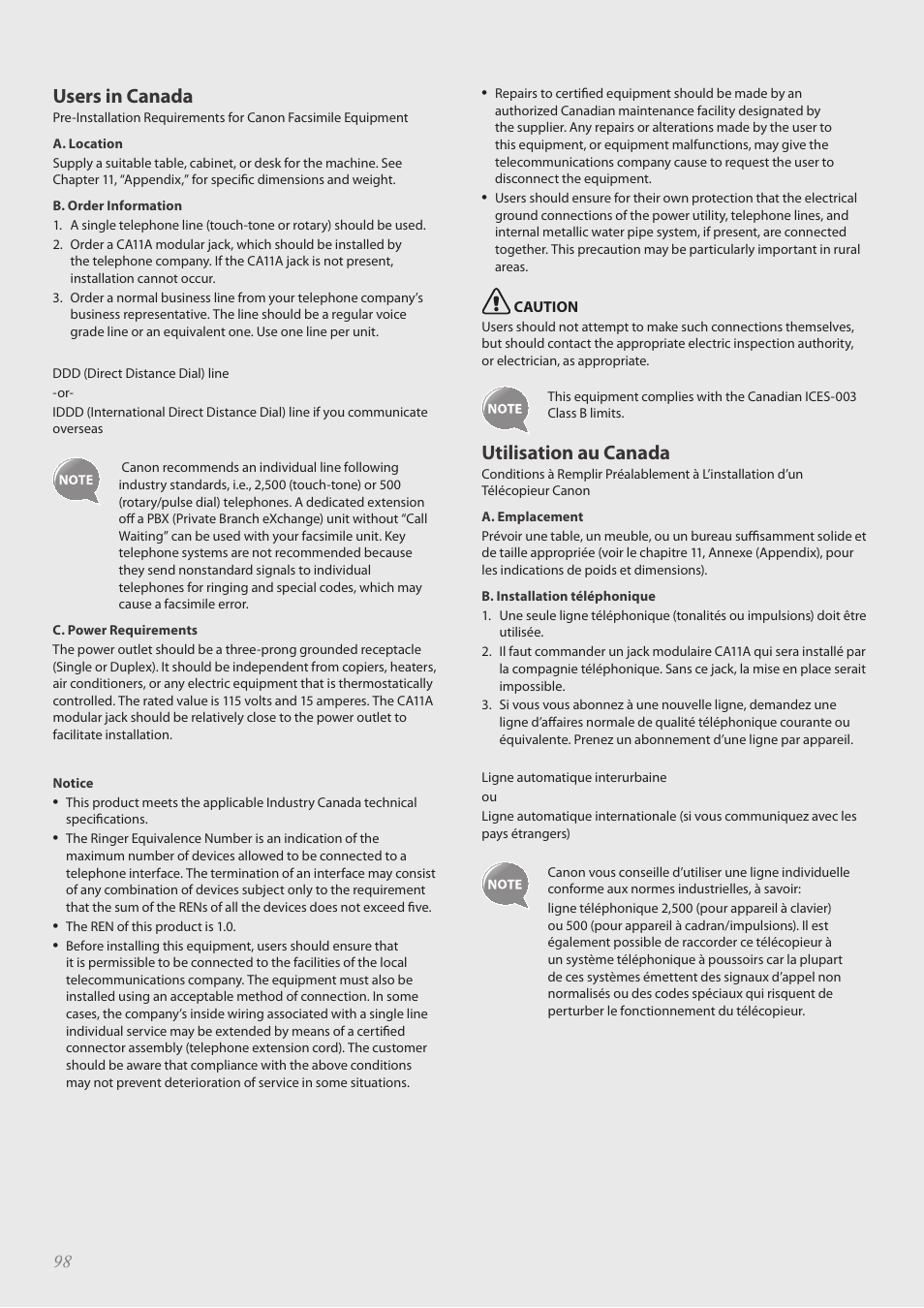 Users in canada, Utilisation au canada | Canon FAXPHONE L190 User Manual | Page 98 / 100