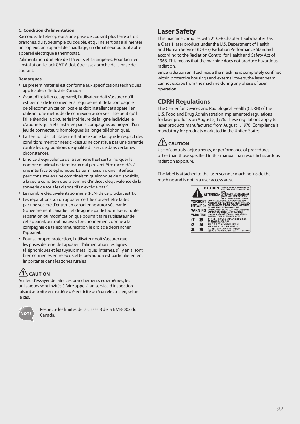 Laser safety, Laser safety …………………………………………………………… 99, Cdrh regulations | Canon FAXPHONE L190 User Manual | Page 99 / 100