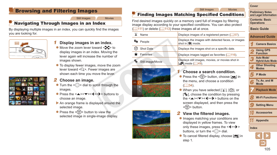 Browsing and filtering, Images, Among a large number of images | Search, Cop y, Browsing and filtering images | Canon PowerShot SX280 HS User Manual | Page 105 / 198