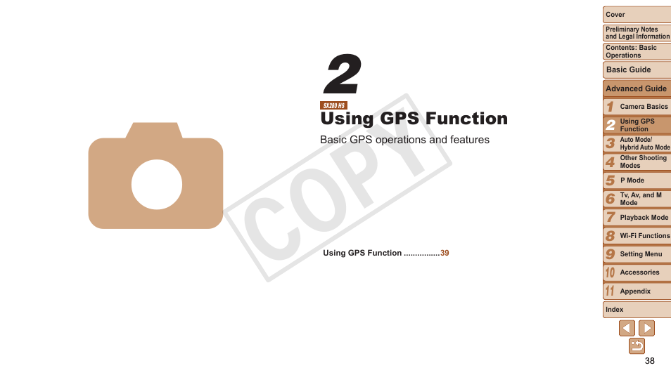 Using gps function, Cop y | Canon PowerShot SX280 HS User Manual | Page 38 / 198