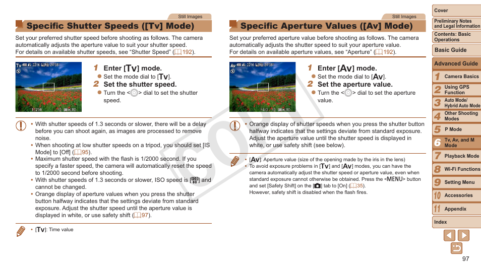 Specific shutter speeds, Tv] mode), Specific aperture values | Av] mode), Shooting long exposures, Cop y, Specific aperture values ([av] mode), Specific shutter speeds ([tv] mode) | Canon PowerShot SX280 HS User Manual | Page 97 / 198