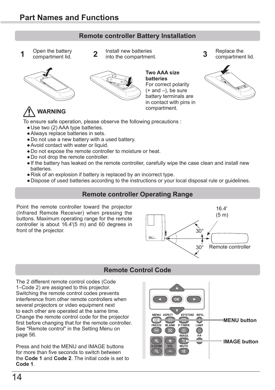 Remote controller battery installation, Remote controller operating range, Remote control code | Part names and functions | Canon LV-8320 User Manual | Page 14 / 81