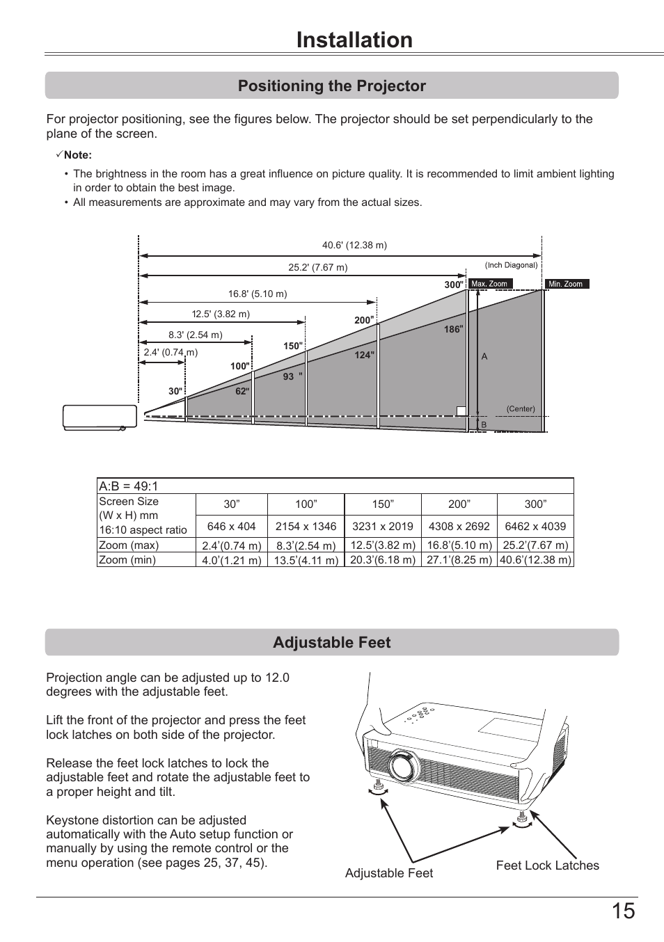 Installation, Positioning the projector, Adjustable feet | Part names and functions | Canon LV-8320 User Manual | Page 15 / 81