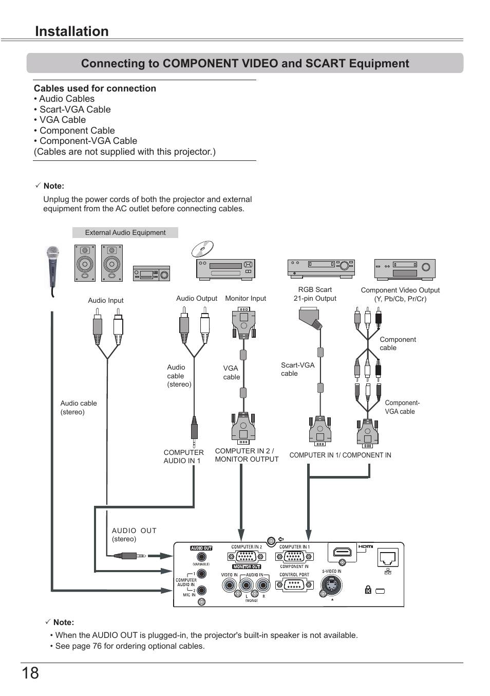 Connecting to component video and scart equipment, Installation | Canon LV-8320 User Manual | Page 18 / 81