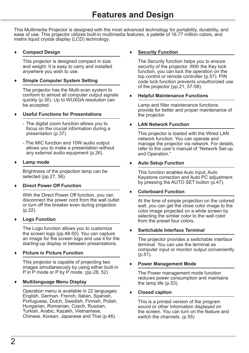 Features and design, 2features and design | Canon LV-8320 User Manual | Page 2 / 81