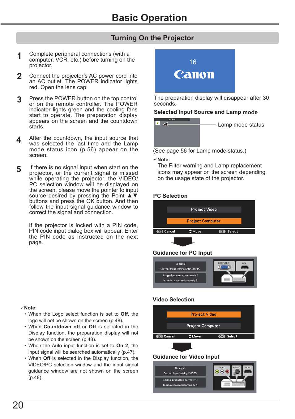 Basic operation, Turning on the projector | Canon LV-8320 User Manual | Page 20 / 81