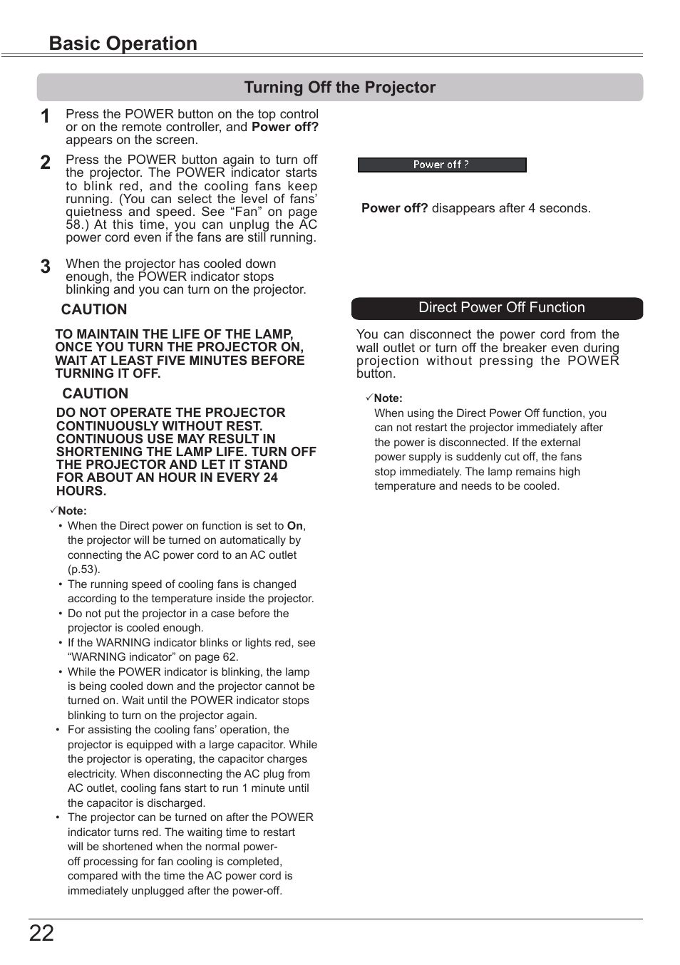 Turning off the projector, Basic operation | Canon LV-8320 User Manual | Page 22 / 81