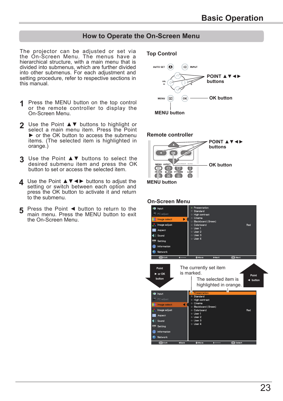 How to operate the on-screen menu, How to operate the on-screen menu 23, Basic operation | Canon LV-8320 User Manual | Page 23 / 81