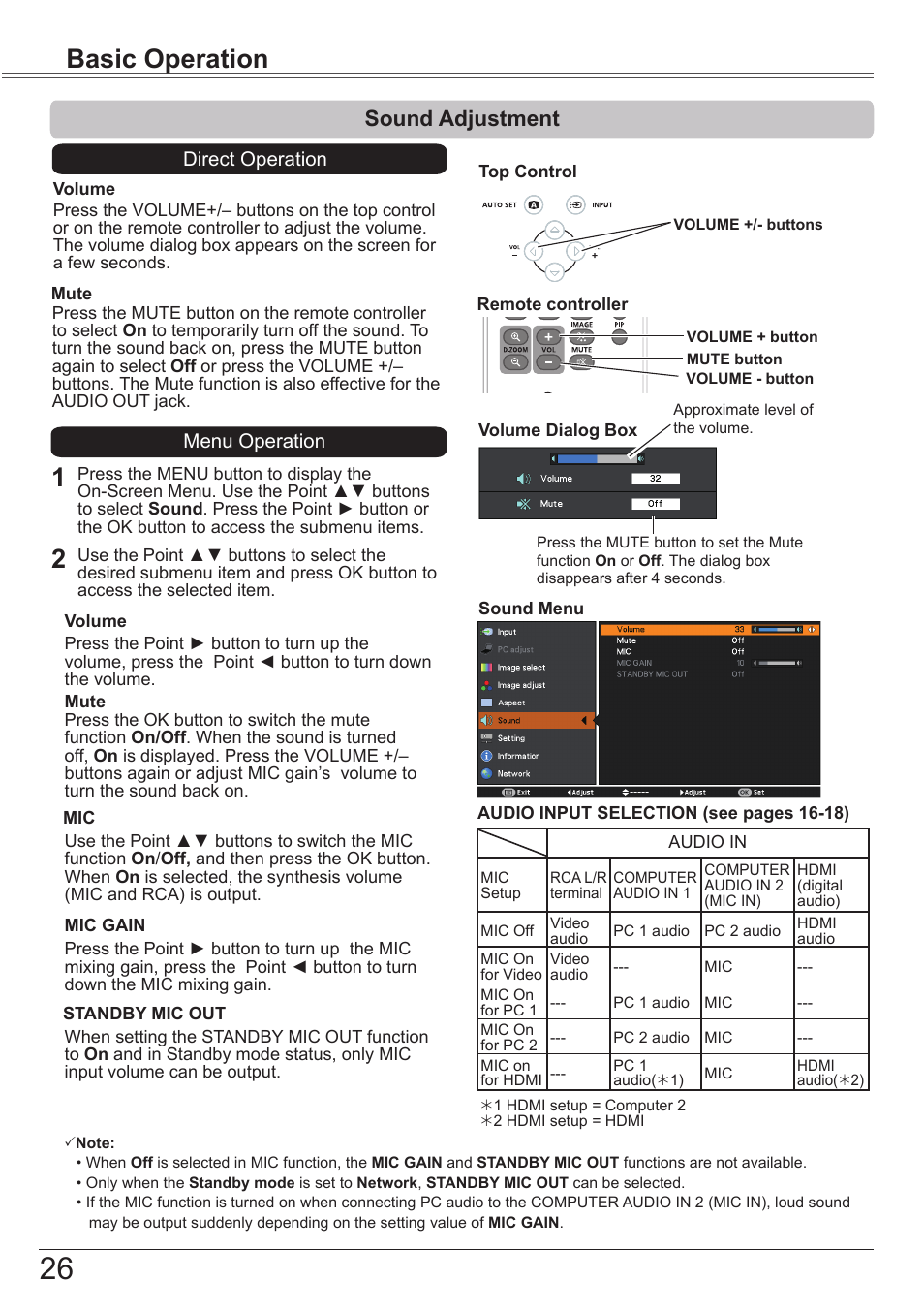 Sound adjustment, Basic operation 1 2 | Canon LV-8320 User Manual | Page 26 / 81