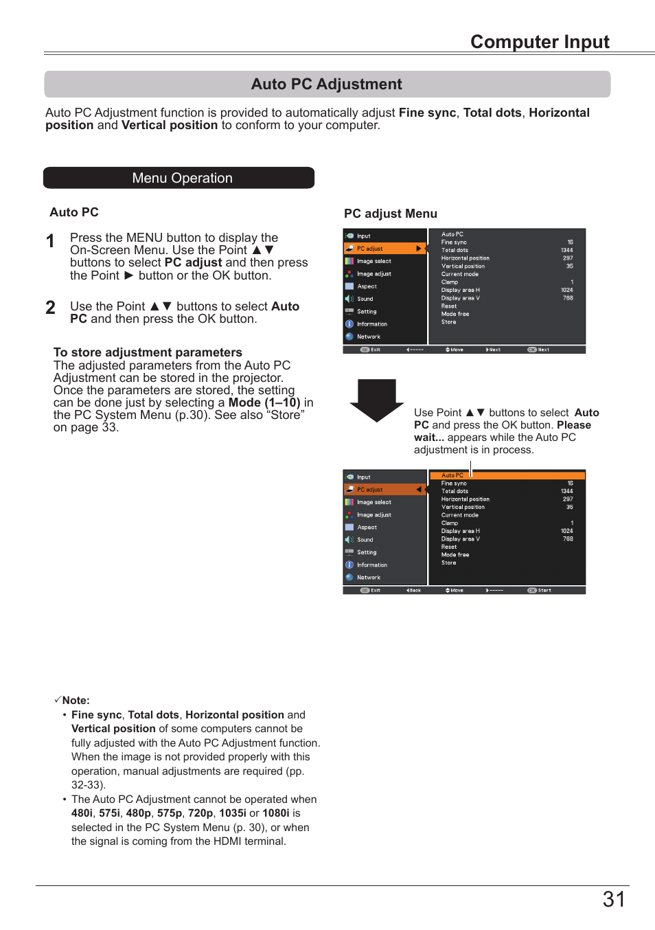 Auto pc adjustment, Computer input | Canon LV-8320 User Manual | Page 31 / 81