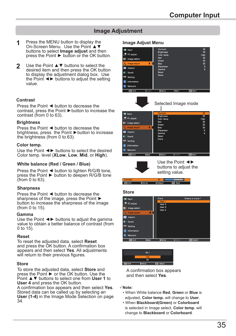 Image adjustment, Computer input | Canon LV-8320 User Manual | Page 35 / 81