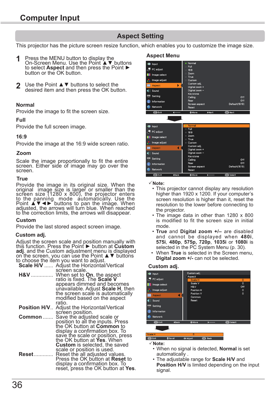 Aspect setting, Computer input | Canon LV-8320 User Manual | Page 36 / 81