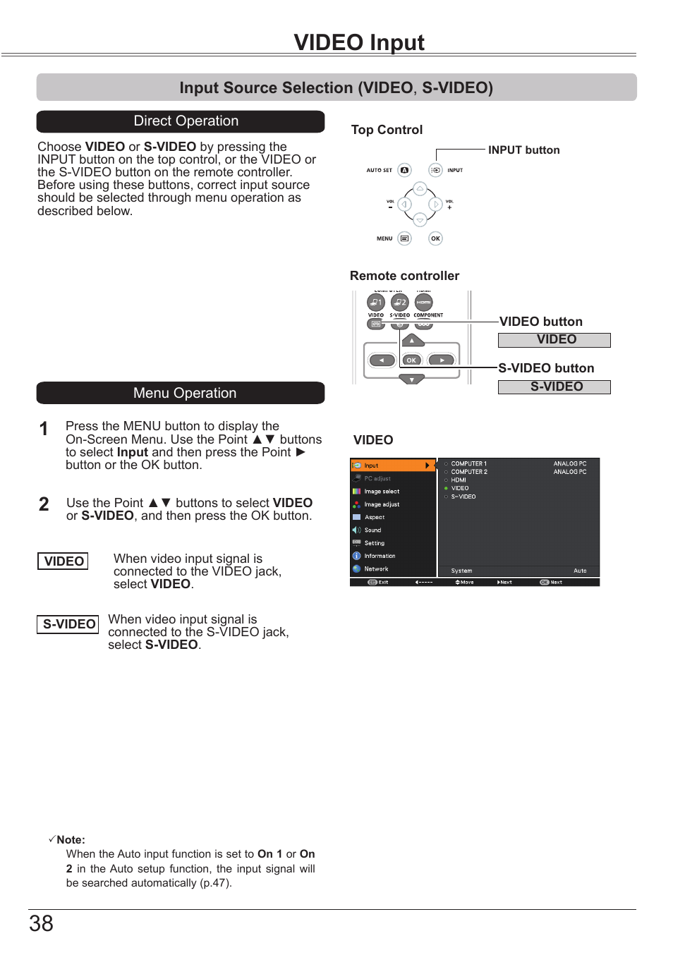 Video input, Input source selection (video, s-video), 38 video input | Canon LV-8320 User Manual | Page 38 / 81