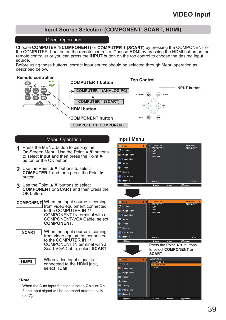 Input source selection (component, scart, hdmi), Video input, Input source selection (component , scart , hdmi) | Canon LV-8320 User Manual | Page 39 / 81