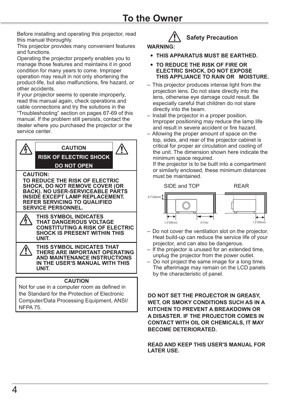 To the owner, 4to the owner | Canon LV-8320 User Manual | Page 4 / 81