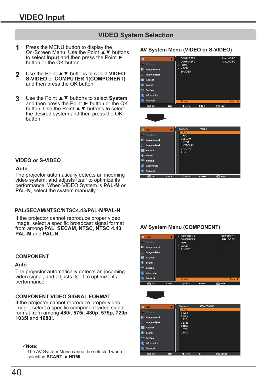 Video system selection, Video input | Canon LV-8320 User Manual | Page 40 / 81