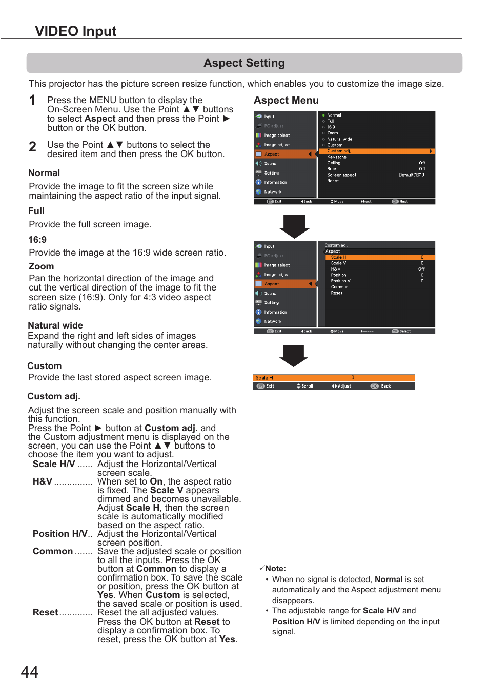 Aspect setting, Video input | Canon LV-8320 User Manual | Page 44 / 81