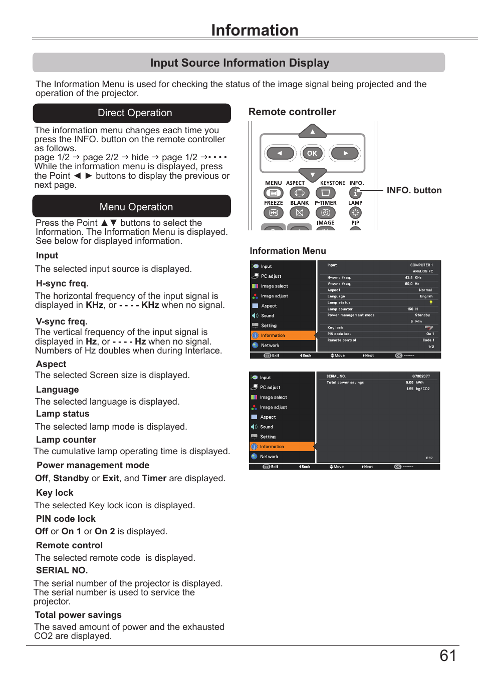 Information, Input source information display, Setting | Canon LV-8320 User Manual | Page 61 / 81