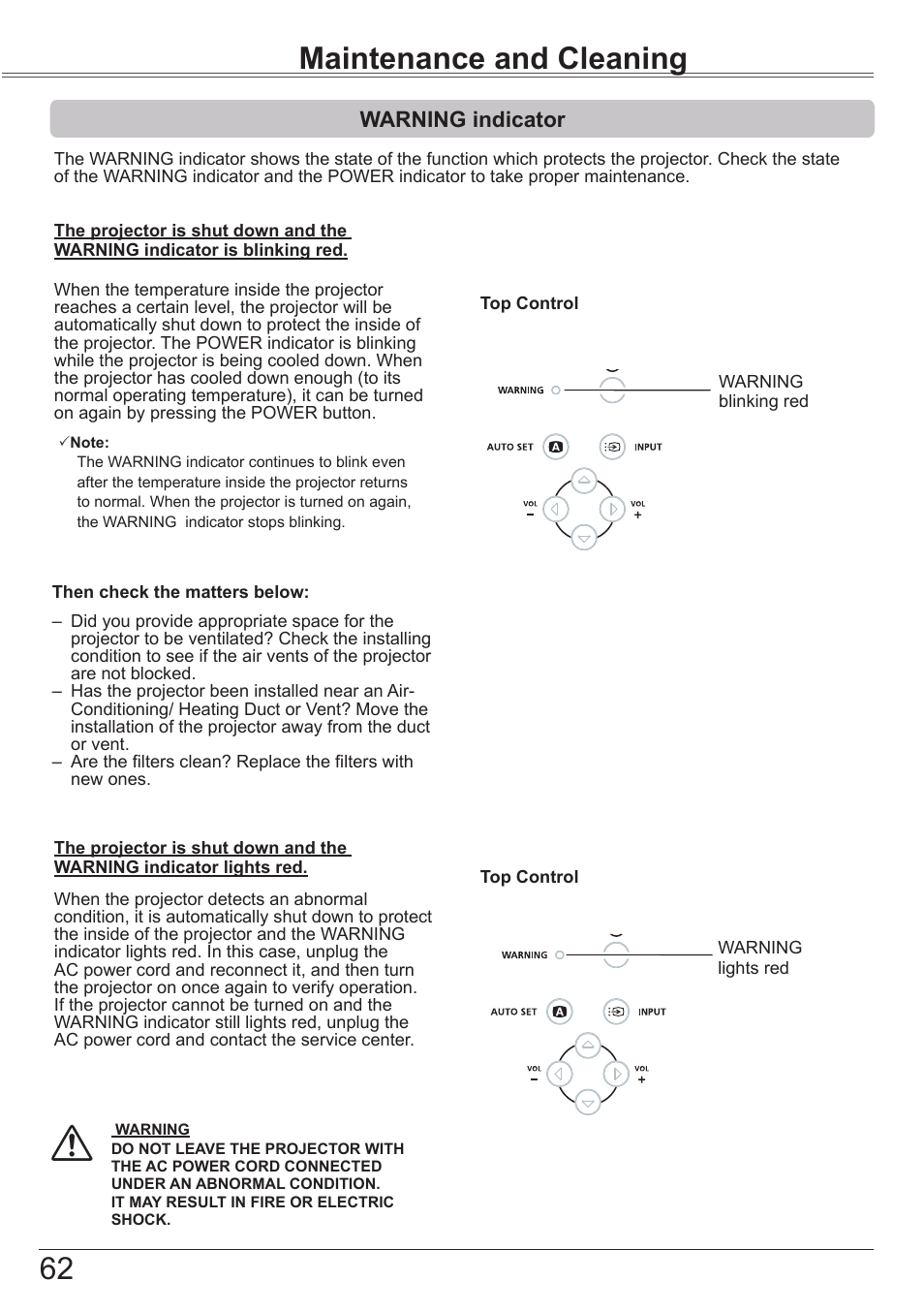 Maintenance and cleaning, Warning indicator | Canon LV-8320 User Manual | Page 62 / 81