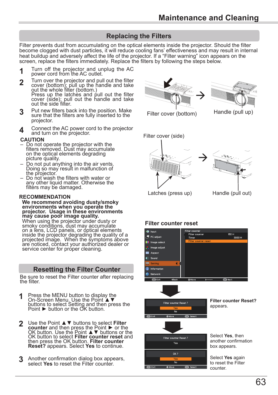 Replacing the filters, Resetting the filter counter, Maintenance and cleaning | Canon LV-8320 User Manual | Page 63 / 81