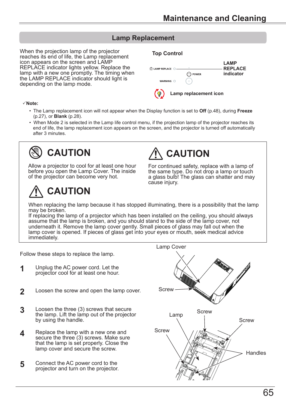 Lamp replacement, Caution, Maintenance and cleaning | Canon LV-8320 User Manual | Page 65 / 81