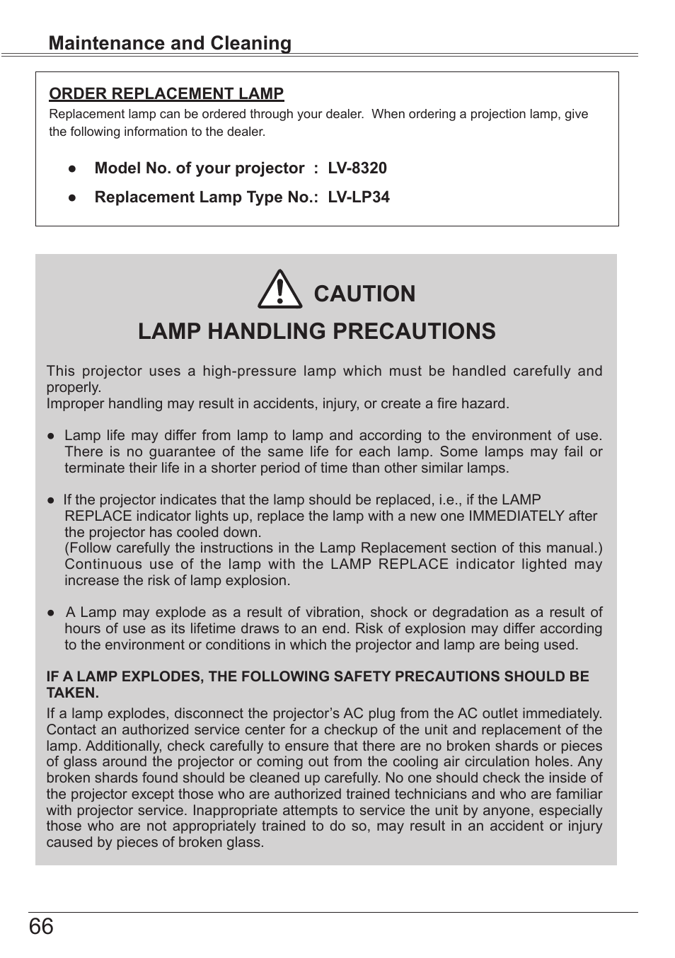 Lamp handling precautions, Caution, Maintenance and cleaning | Canon LV-8320 User Manual | Page 66 / 81