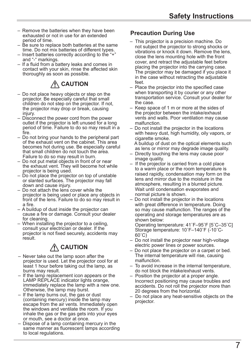 Safety instructions, Precaution during use caution caution | Canon LV-8320 User Manual | Page 7 / 81