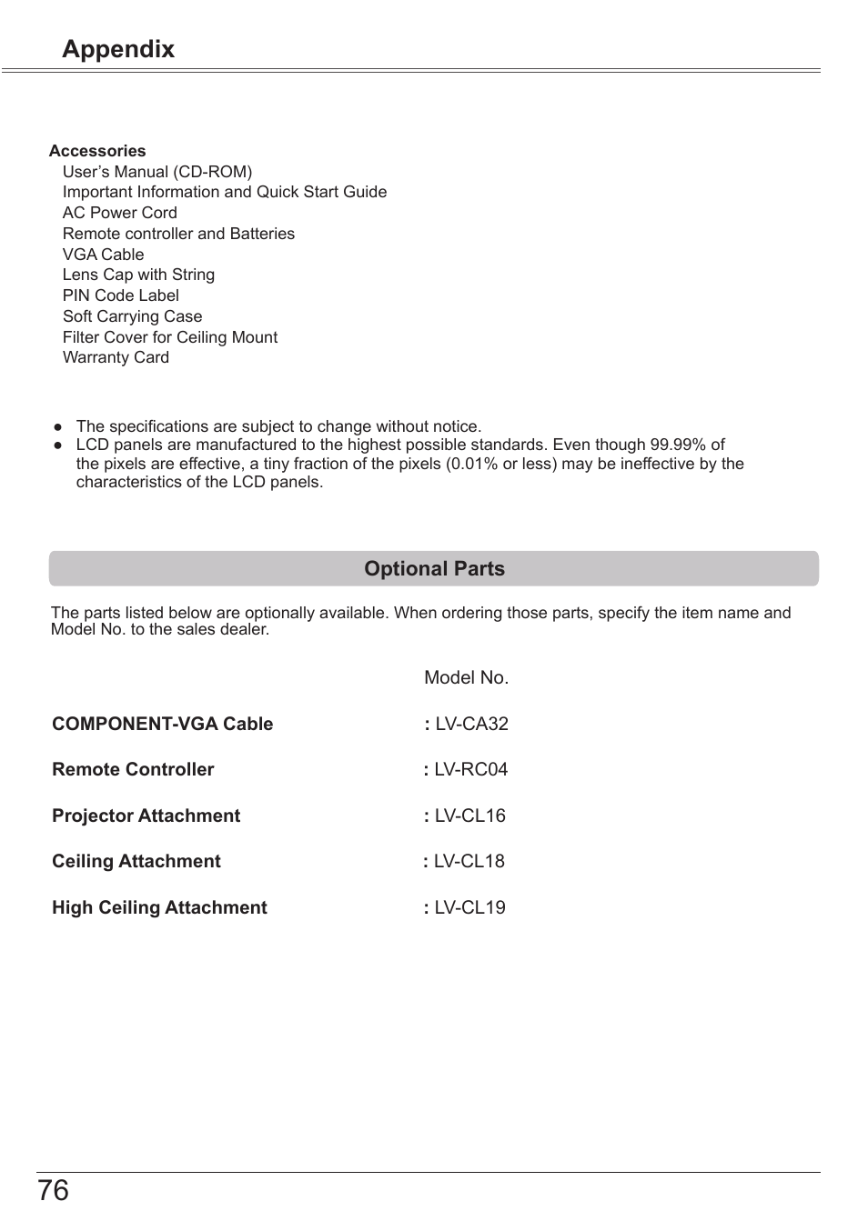 Optional parts, Appendix | Canon LV-8320 User Manual | Page 76 / 81