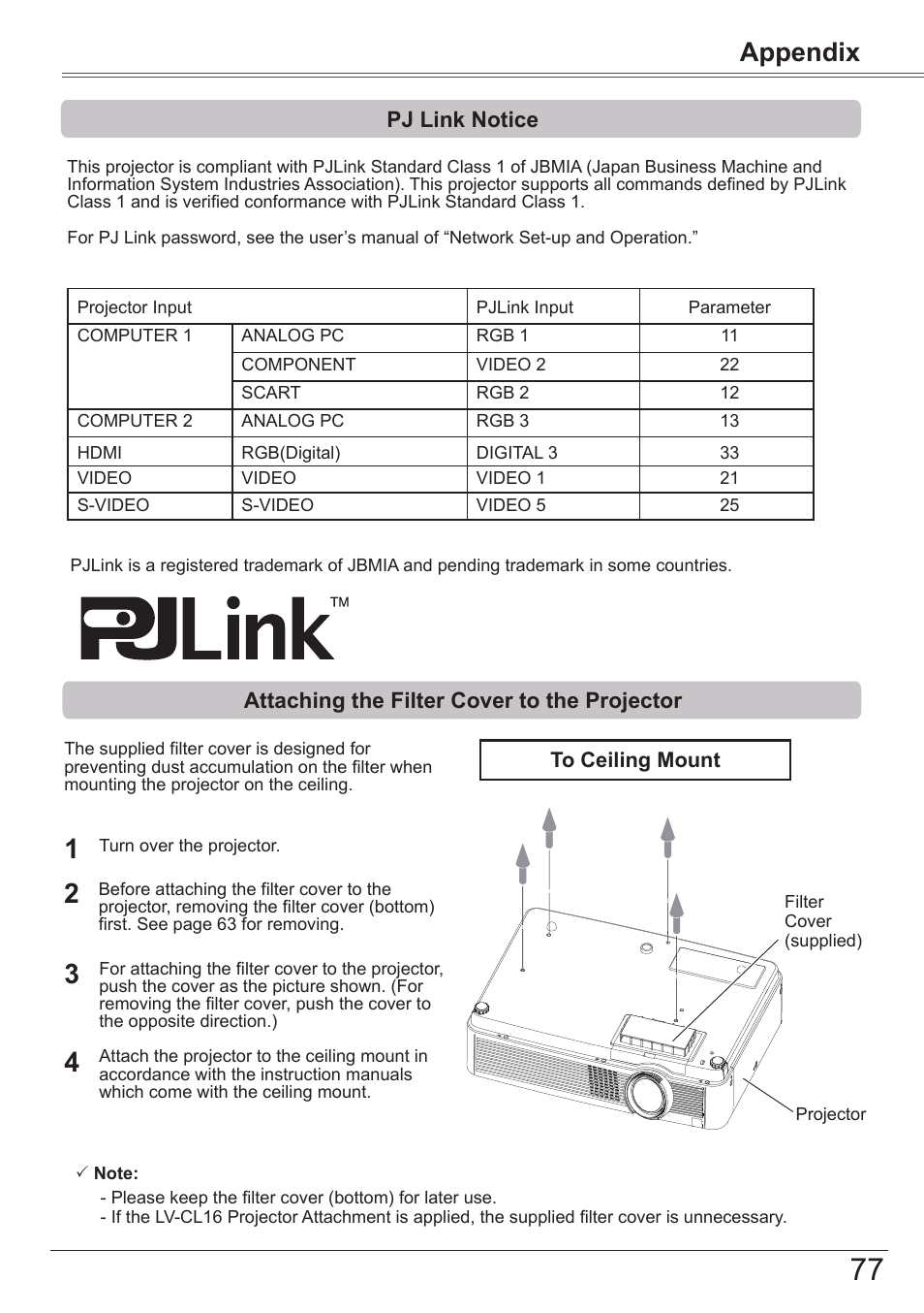 Pj link notice, Attaching the filter cover to the projector, Attaching the filter cover to the projector 77 | Appendix | Canon LV-8320 User Manual | Page 77 / 81