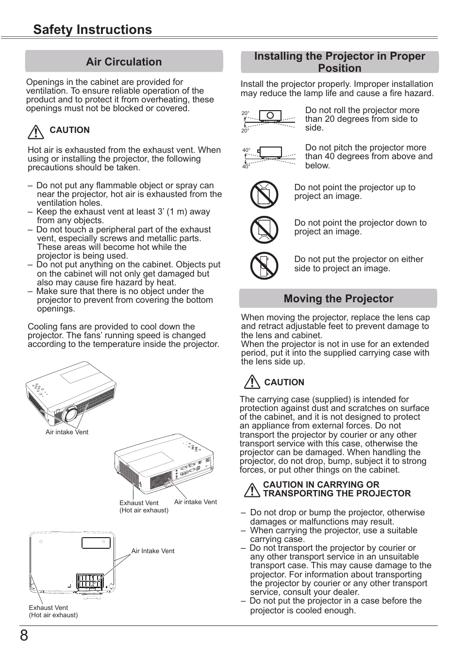 Air circulation, Installing the projector in proper position, Moving the projector | Safety instructions | Canon LV-8320 User Manual | Page 8 / 81