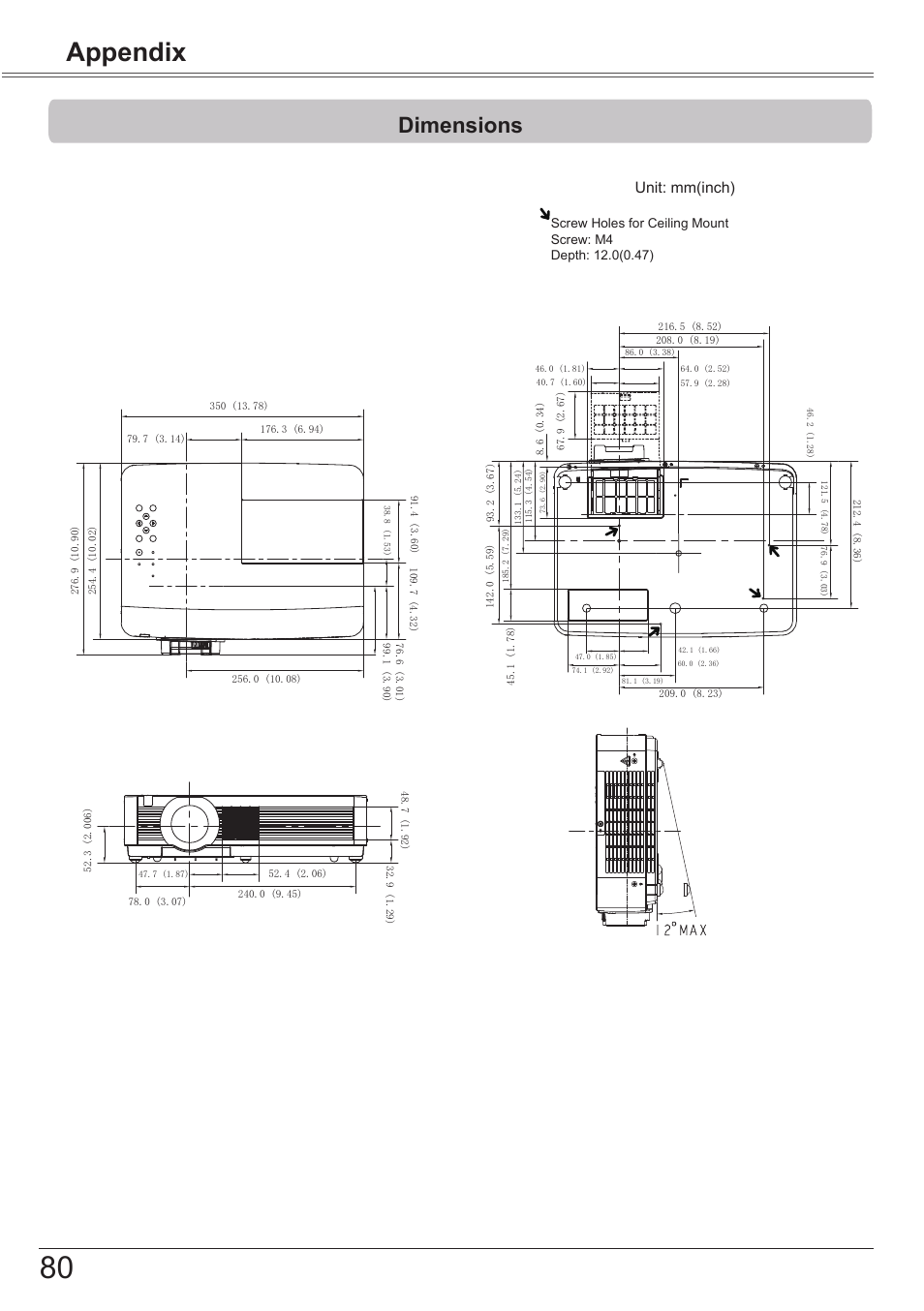 Dimensions, Appendix, Unit: mm(inch) | Canon LV-8320 User Manual | Page 80 / 81