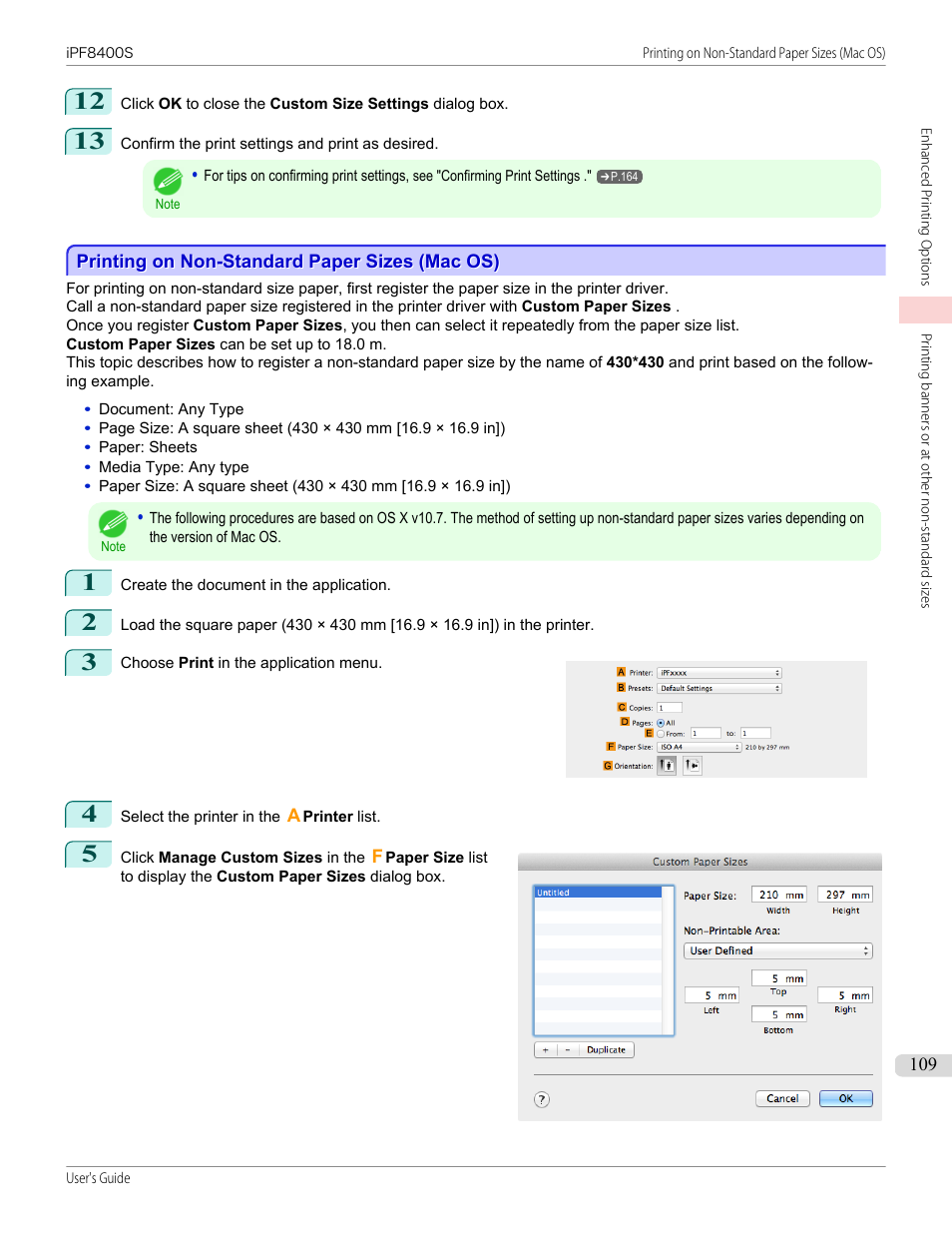 Printing on non-standard paper sizes (mac os), P.109 | Canon imagePROGRAF iPF8400S User Manual | Page 109 / 1004