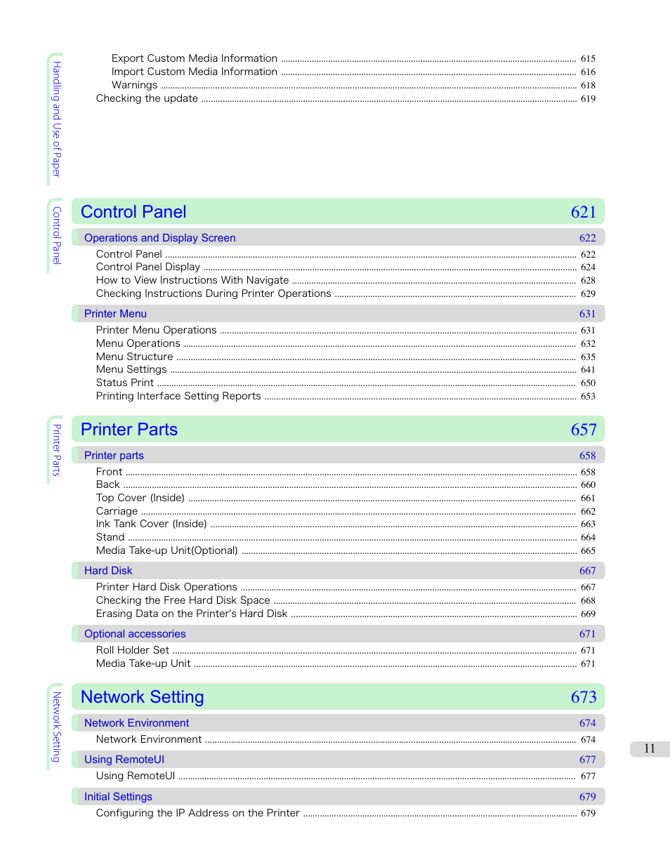Control panel 621, Printer parts 657, Network setting 673 | Canon imagePROGRAF iPF8400S User Manual | Page 11 / 1004