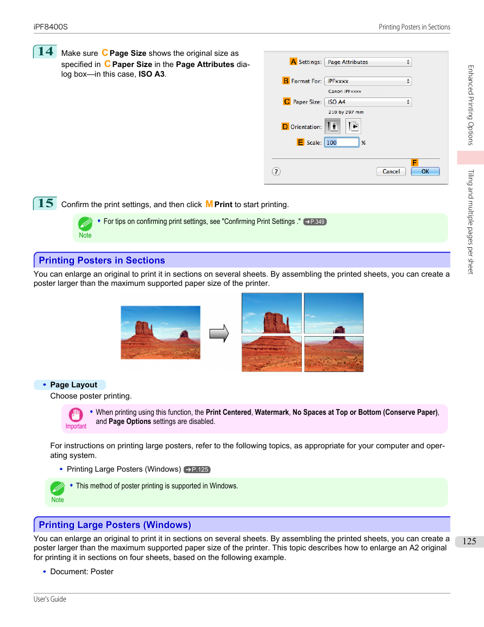 Printing posters in sections, Printing large posters (windows) | Canon imagePROGRAF iPF8400S User Manual | Page 125 / 1004