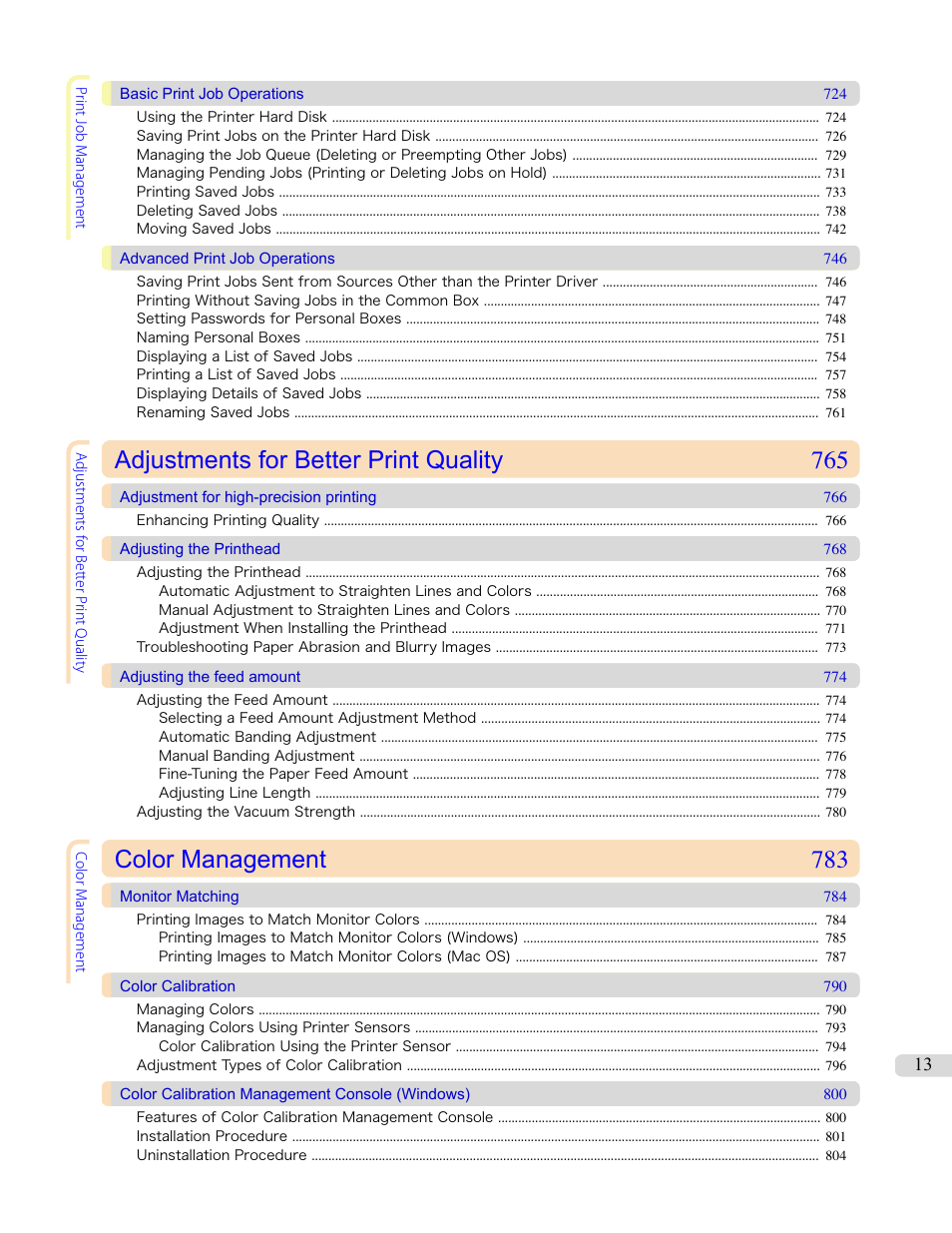 Adjustments for better print quality 765, Color management 783 | Canon imagePROGRAF iPF8400S User Manual | Page 13 / 1004