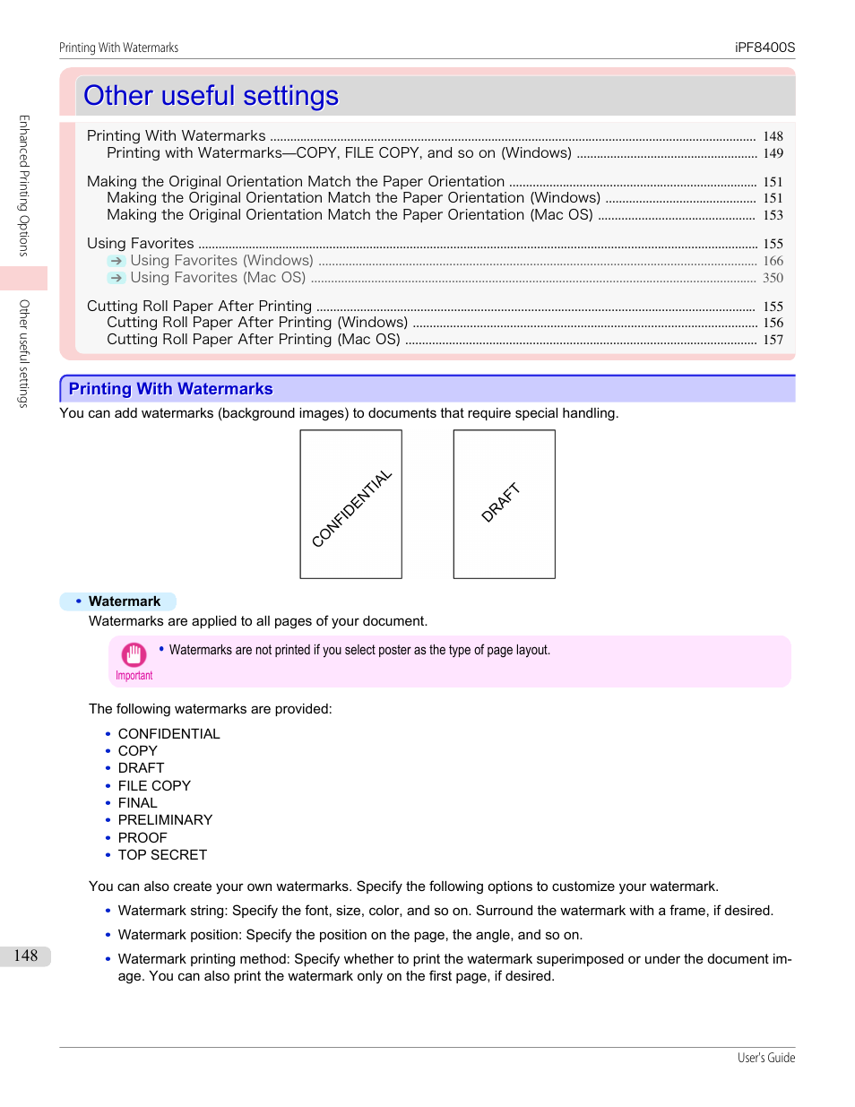 Other useful settings, Printing with watermarks | Canon imagePROGRAF iPF8400S User Manual | Page 148 / 1004