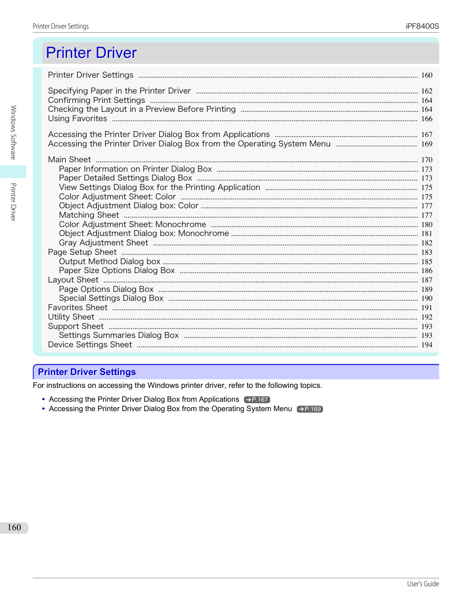 Printer driver, Printer driver settings, See "printer driver settings | P.160 | Canon imagePROGRAF iPF8400S User Manual | Page 160 / 1004