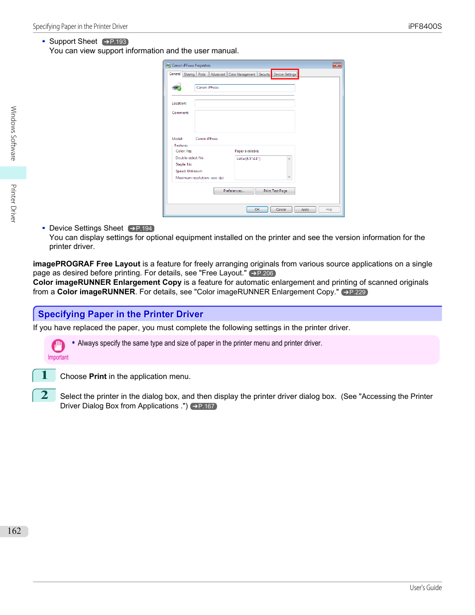 Specifying paper in the printer driver, Specifying paper in the printer driver (windows), P.162 | Canon imagePROGRAF iPF8400S User Manual | Page 162 / 1004